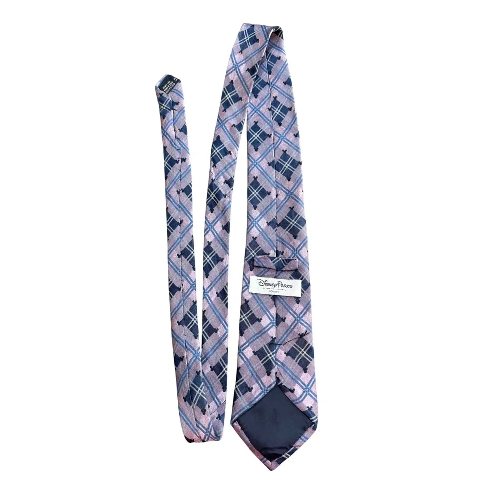 Disney Parks Mens Silk Tie Mickey Mouse Plaid Purple Navy Blue Woven Necktie